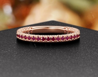 Delicate Natural Ruby Wedding Band,14K Rose Gold Pave Set Stacking Promise Ring,Heart Design Band