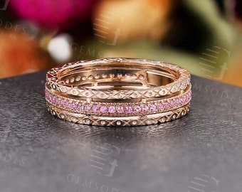 Vintage Pink Sapphire Wedding Band,Antiuqe Rose Gold Wedding Band,Eternity Matching Stacking Ring,Anniversary Promise Ring For Women Men