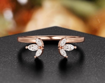 Minimalist Marquise Moissanite Open Wedding Band,Rose Gold Curved Stacking Bridal Band For Women