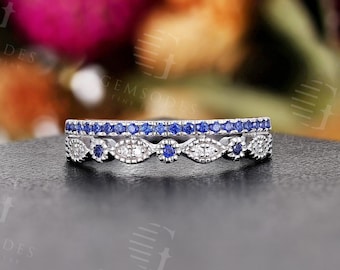 Vintage 4mm Width Lab Sapphire Wedding Band White Gold Antique Milgrain Diamond Bridal ring Unique Two line Pave Half Eternity Wedding ring