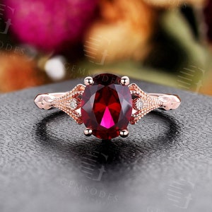 Art deco oval shape lab ruby engagement ring rose gold milgrain ring round cut diamond ring unique vintage anniversary promise ring