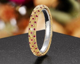 Vintage Natural Ruby Wedding Band: Unique Milgrain Yellow Gold & White Gold Eternity Ring,Anniversary Gift