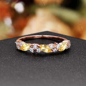 Unique Citrine Moissanite Wedding Band,Rose Gold Leaf Cluster Nature Ring For Women,Vintage Anniversary Promise Band,Dainty Stacking Ring