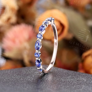 Vintage Lab Sapphire Wedding Band,Marquise Cut Sapphire Ring,Unique Rose Gold Half Eternity Ring,Bridal Stacking Band,Anniversary Ring