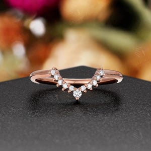 Antique Moissanite Wedding Band Women, Rose Gold Band, Curved Diamond Matching Engraving Jewelry Promise Ring Anniversary ring