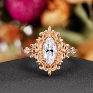 Marquise Moissanite Engagement Ring,Vintage Rose Gold Wedding Ring,Art Nouveau Victorian Antique Filigree Anniversary Promise Ring For Women