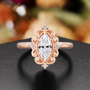 Vintage Marquise Cut Moissanite Engagement Ring,14K Rose Gold Filigree Bridal Ring,Antique Milgrain Wedding Ring,Anniversary Promise Ring