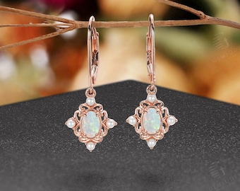 Vintage Natural Opal Drop Earrings - 10K Rose Gold Pearl Floral Design Bridal Wedding Earrings, Gift For Her
