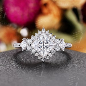 Art deco moissanite engagement ring White gold cluster ring Princess cut Round cut moissanite diamond ring Rose gold Promise ring Prong set