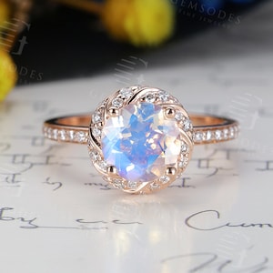 Unique Moonstone Engagement Ring,Vintage Rose Gold Diamond Wedding Ring,Unique Round Cut Half Eternity Bridal Ring,Anniversary Promise Ring