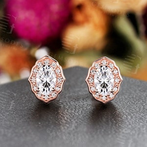 Vintage oval shape moissanite earring studs antique halo earrings round cut diamond earrings rose gold earrings anniversary promise earrings