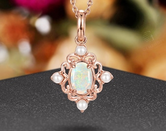 Vintage Opal Pendant Necklace: Unique Rose Gold Filigree Floral Pendant,Anniversary Gift For Her