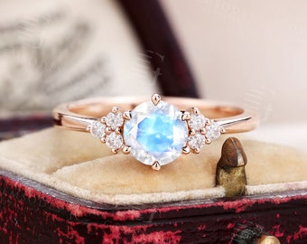 Unique Moonstone engagement ring Round Cut ring rose gold cluster ring Vintage Diamond Moissanite ring Prong set ring Anniversary ring