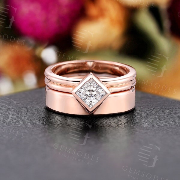 Princess cut moissanite engagement ring set rose gold unique solitaire ring handmade plain gold band art deco anniversary promise bridal set