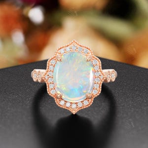 Natural Australia Opal Engagement Ring,Vintage Rose Gold Wedding Ring,Antique Oval Cut Opal Milgrain Ring,Diamond Halo Anniversary Ring