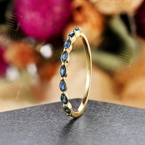 14K Gold Natural Sapphire Wedding Band,Vintage Marquise Sapphire Ring,Unique Yellow Gold Ring,Stacking Anniversary Promise Ring For Women