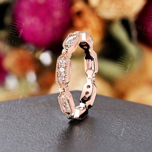 Art deco baguette cut moissanite wedding band rose gold milgrain ring full eternity band bezel set ring anniversary promise bridal band