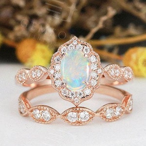 Rose Gold Opal Engagement Ring set Vintage engagement ring Diamond Wedding Oval Moissanite Unique Milgrain Unique Anniversary ring