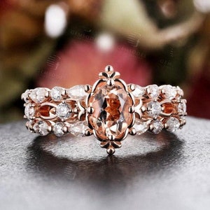 Morganite engagement ring set rose gold Women, 3pcs art deco diamond/moissanite bridal set, vintage wedding ring, prong-set ring Anniversary