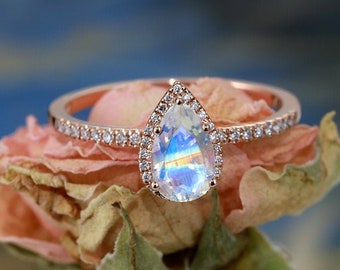 Moonstone Engagement Ring Pear shaped Rose Gold Art Deco ring Vintage Halo Unique Diamond Wedding Bridal Set Anniversary promise ring
