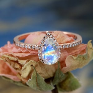 Moonstone Engagement Ring Pear shaped Rose Gold Art Deco ring Vintage Halo Unique Diamond Wedding Bridal Set Anniversary promise ring