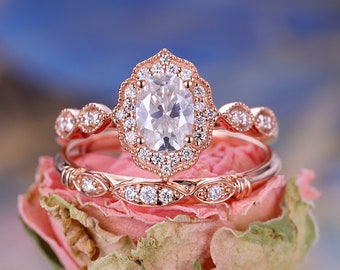 Vintage Engagement Ring Women Art deco Rose Gold Moissanite Oval Cut Jewelry Halo Milgrain Diamond Wedding Set Anniversary ring