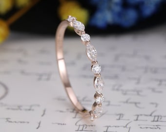 Vintage Rose gold wedding band marquise cut Natural Diamond Moissanite band Unique half eternity Bridal Matching Stacking band Anniversary