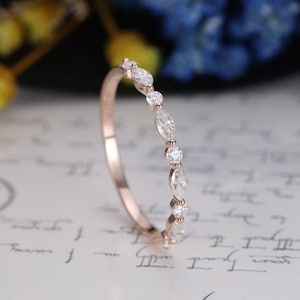 Vintage Rose gold wedding band marquise cut Moissanite band Unique half eternity Bridal Matching Stacking band Anniversary ring