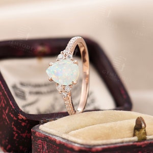 Opal Engagement Ring Rose Gold Pear Shaped Ring Prong Set Moissanite ...