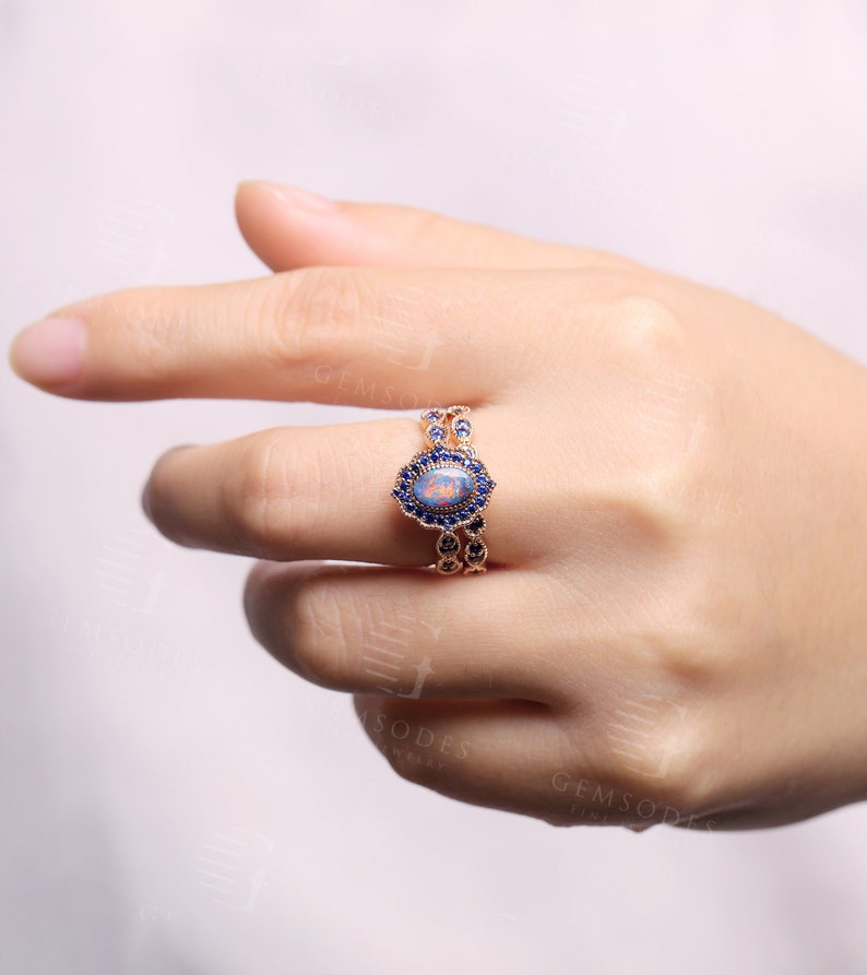 Black Opal engagement ring set rose gold milgrain sapphire ring set art deco wedding vintage Antique Unique Bridal Anniversary ring set image 8