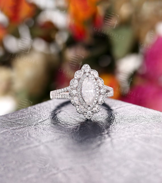 Vintage Moissanite Engagement Ring Rose Gold Unique Marquise Cut