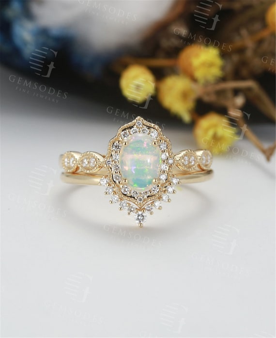Opal Engagement Ring Set Vintage Yellow Gold Moissanite Etsy