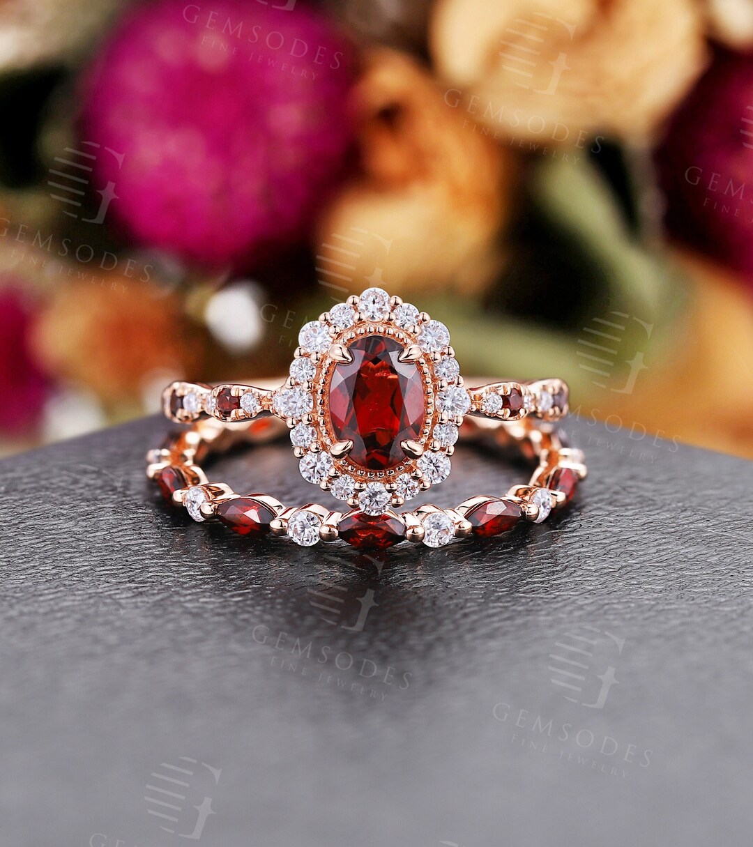 Oval Shaped Halo Engagement Ring Set Rose Gold Ring Round Cut