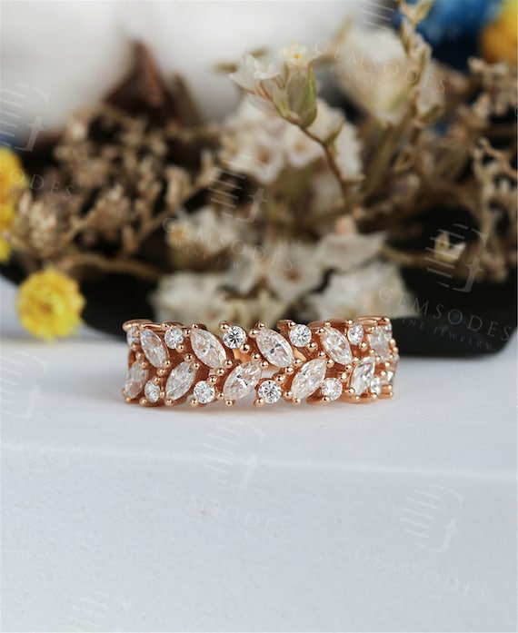 Vintage Moissanite Wedding Band Women Marquise cut Cluster ring Leaf shape ring Yellow Gold band ring Unique band Ring Anniversary ring