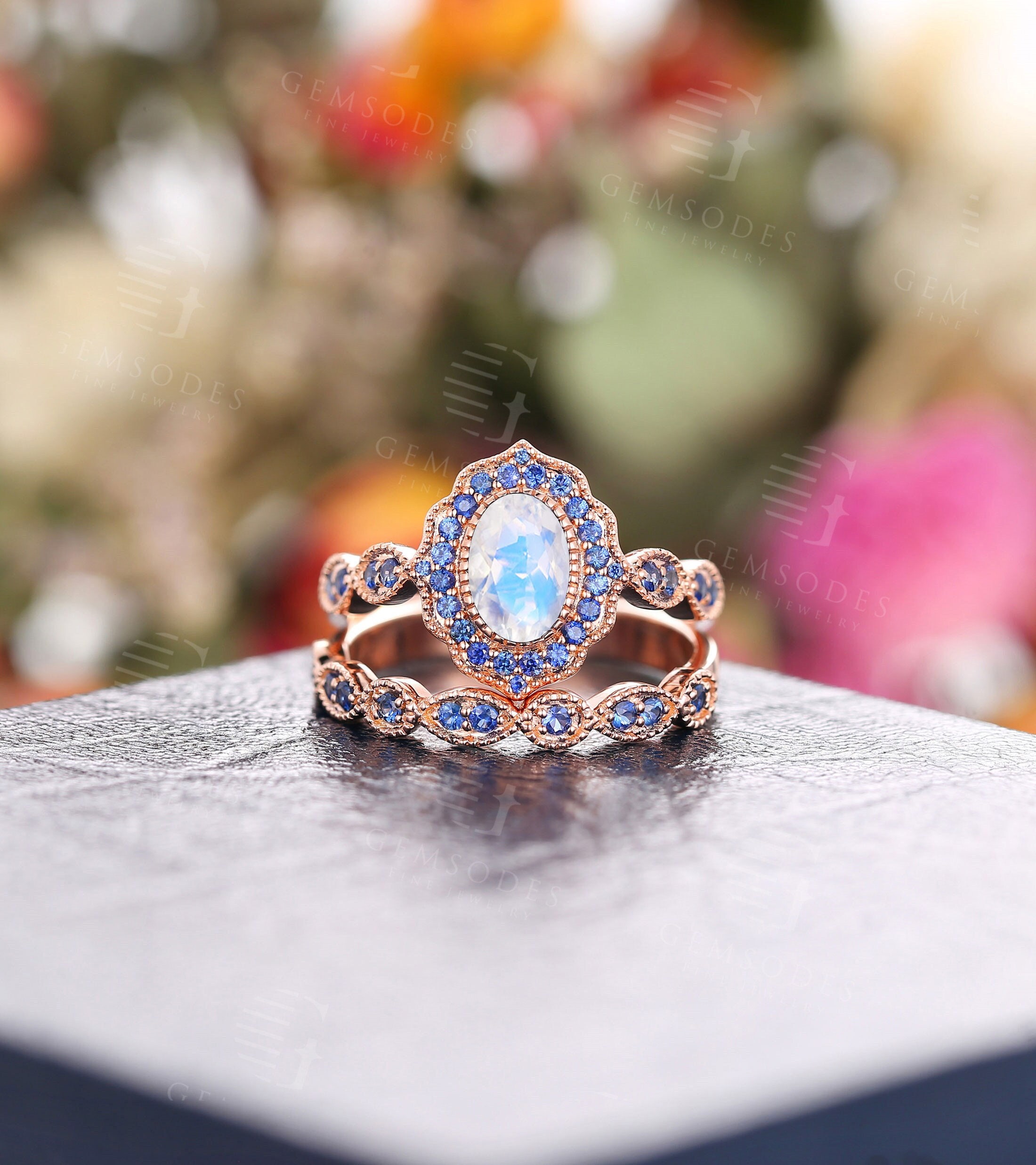 Vintage Moonstone Engagement Ring Set,Rose Gold Milgrain Natural Sapphire Halo Ring Set,Art Deco Wedding Ring,Unique Bridal Anniversary Ring
