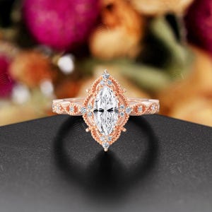Unique Marquise Moissanite Engagement Ring,14K Rose Gold Milgrain Wedding Ring,Vintage Promise Ring,Art Deco Anniversary Gift For Women