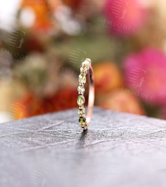 Vintage 10K Gold Peridot Wedding Band,women Marquise Cut Rose Gold