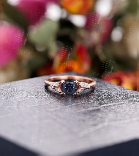 blue sandstone Engagement ring Moissanite vintage Unique Engagement ring rose gold for women Diamond Art Deco Anniversary gift for her