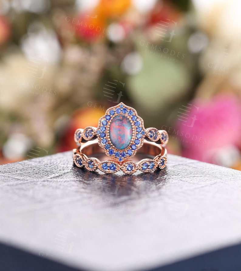 Black Opal engagement ring set rose gold milgrain sapphire ring set art deco wedding vintage Antique Unique Bridal Anniversary ring set 