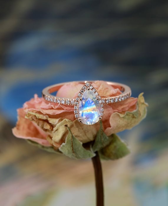 Moonstone Engagement Ring Pear Shaped Rose Gold Art Deco Ring
