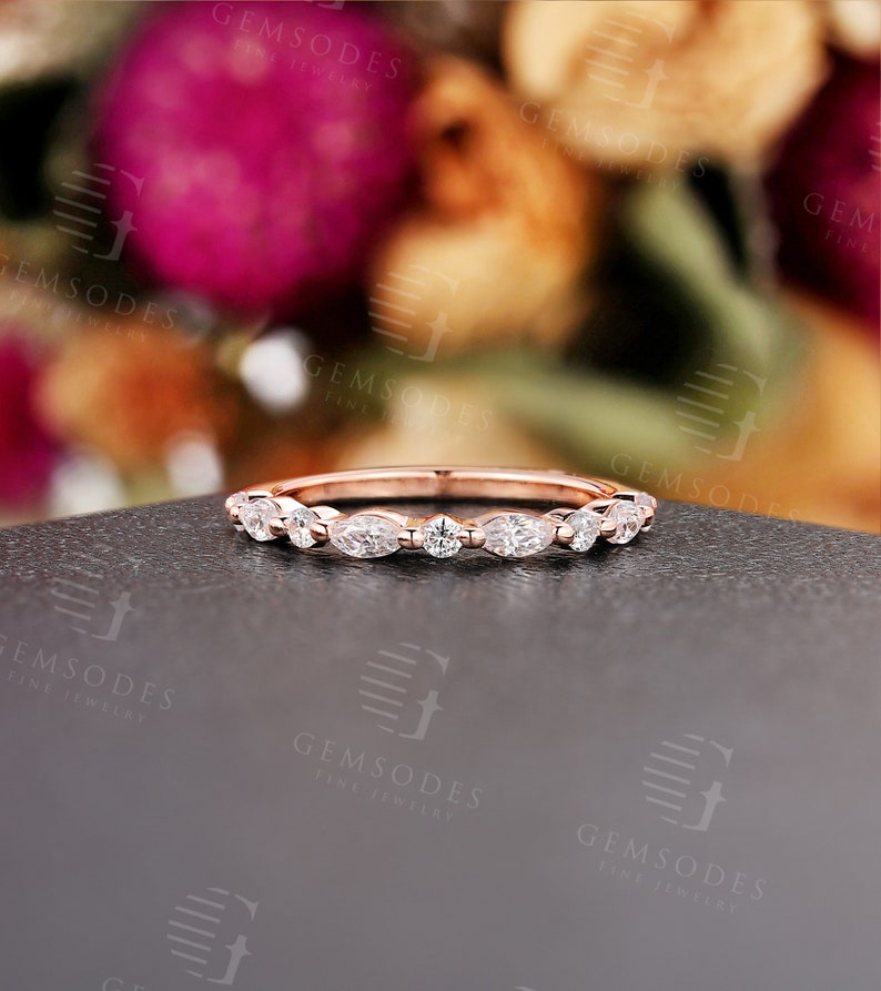 Vintage Rose gold wedding band marquise cut Moissanite band Unique half eternity Bridal Matching Stacking band Anniversary ring image 3