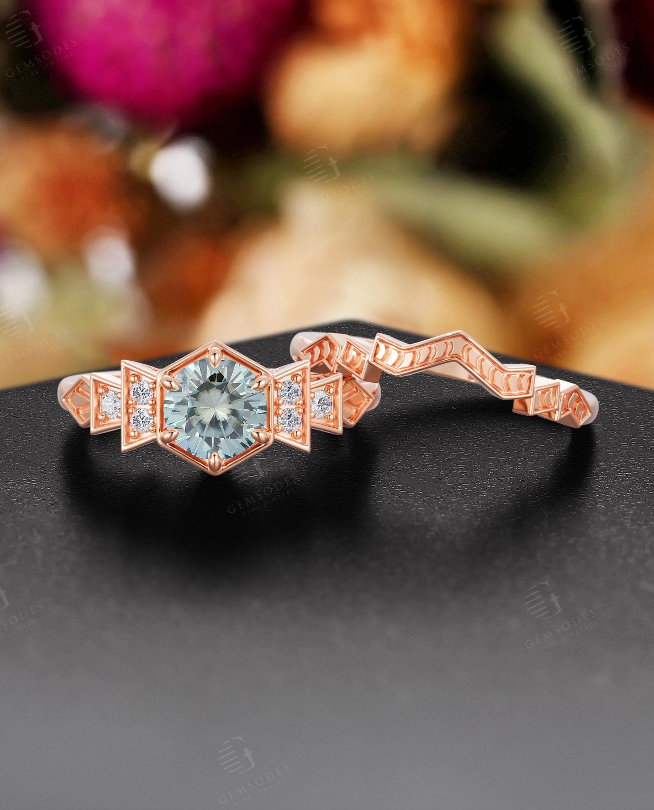 Vintage Green Moissanite Engagement Ring Set,Unique Moissanite Wedding Ring Set,Art Deco Rose Gold Diamond Ring,Anniversary Promise Ring