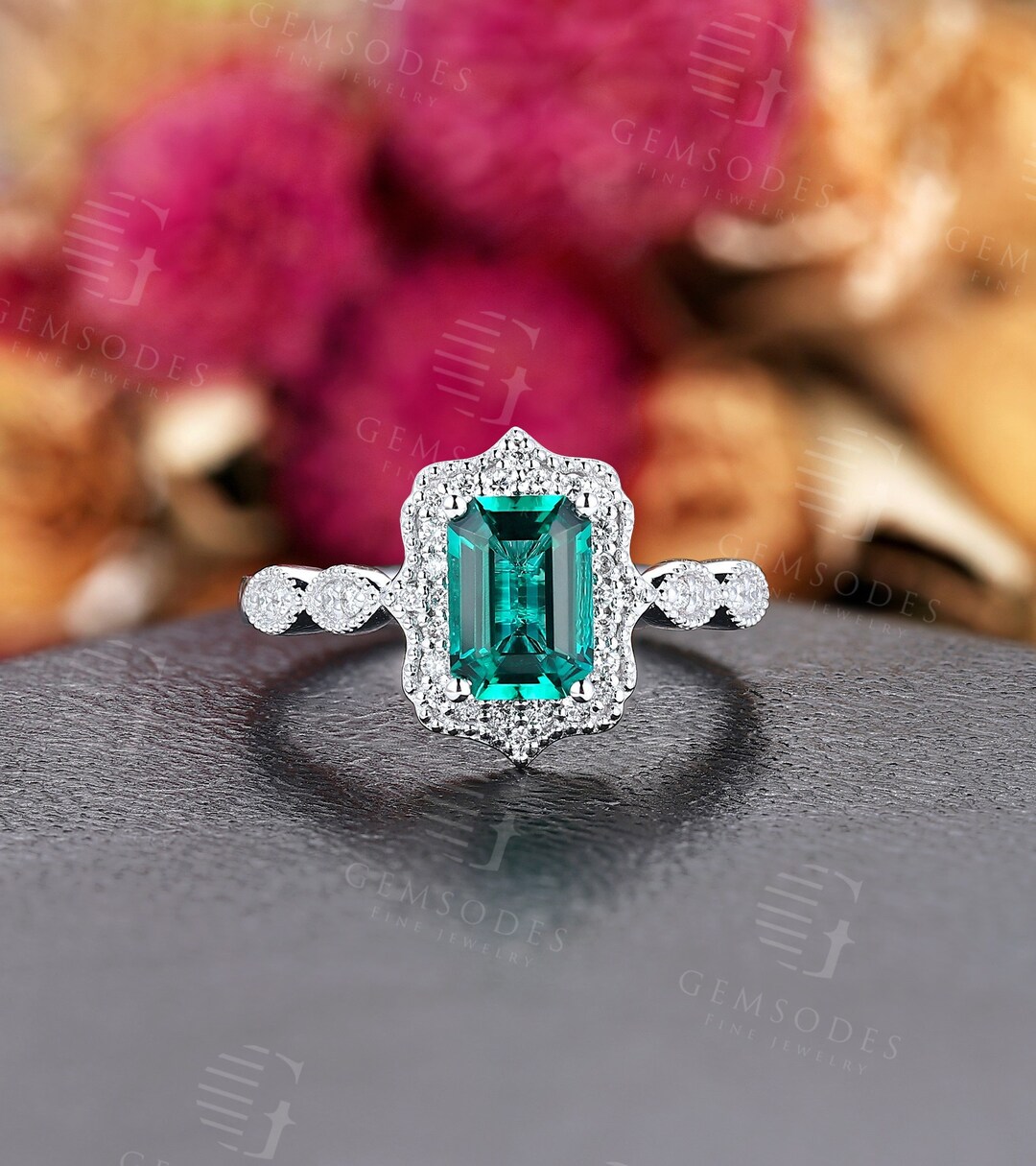 Vintage Lab Emerald Engagement Ring Emerald Cut White Gold Ring