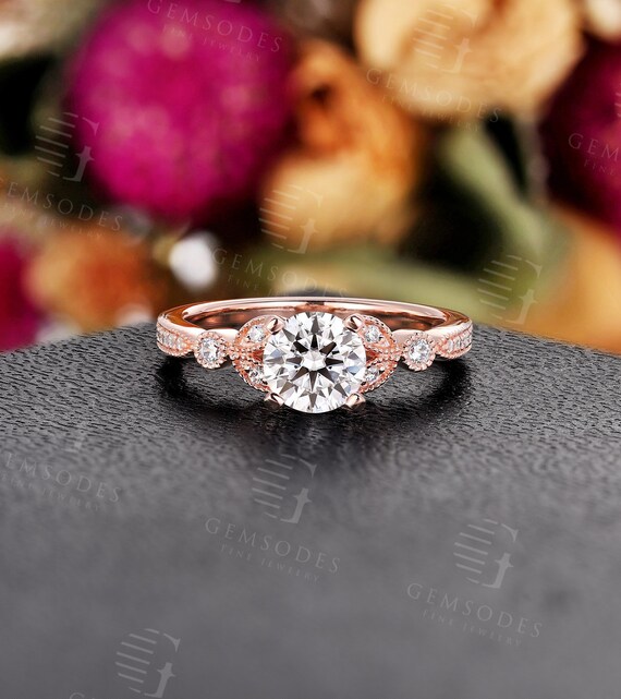 Round moissanite engagement ring women rose gold art deco ring antique  diamond milgrain ring prong set handmade anniversary promise ring