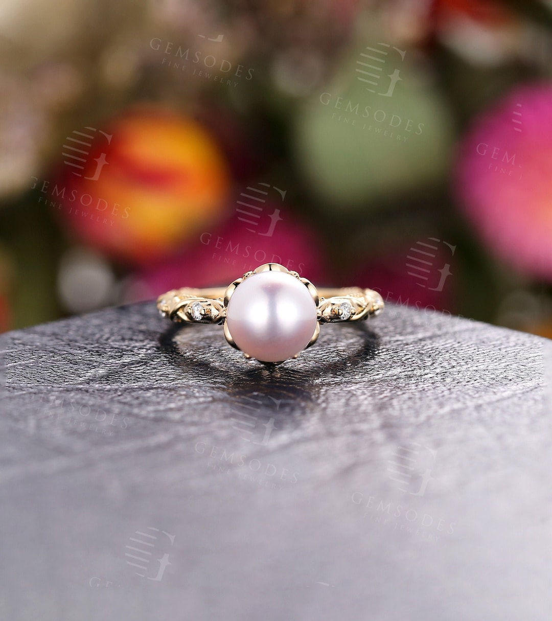 Pearl Simple Engagement Ring Sets Wedding Band Pearl Ring Set