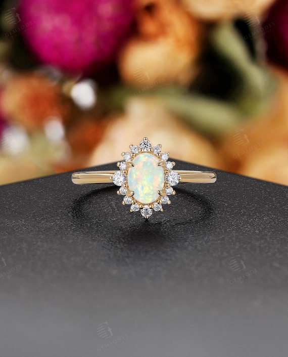 Vintage Oval Natural Opal Engagement Ring - 14K Yellow Gold Moissanite Halo Ring,Bridal Rings