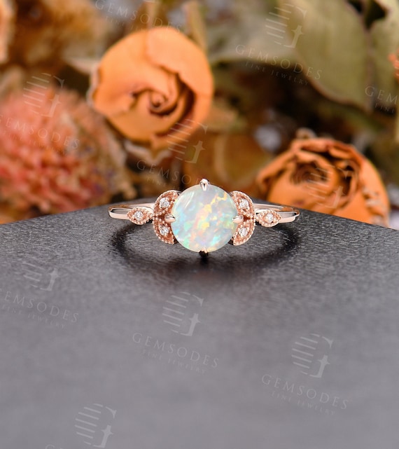 Vintage Australia Opal Ring Rose Gold Engagement Ring Art Deco Diamond Ring Wedding Ring Prong Set Ring Anniversary Promise Ring