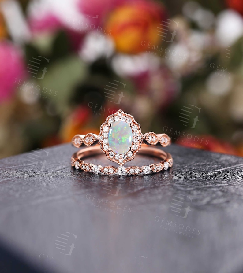 Vintage Opal Engagement Ring set Rose Gold ring Art deco moissanite ring Antique Oval cut Halo Diamond ring Milgrain Bridal set Anniversary 