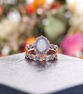Vintage Oval Opal Engagement Ring Set - Rose Gold Sapphire Halo Half Eternity Bridal Ring