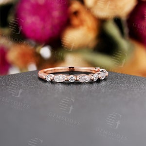 Vintage Rose gold wedding band marquise cut Moissanite band Unique half eternity Bridal Matching Stacking band Anniversary ring image 4